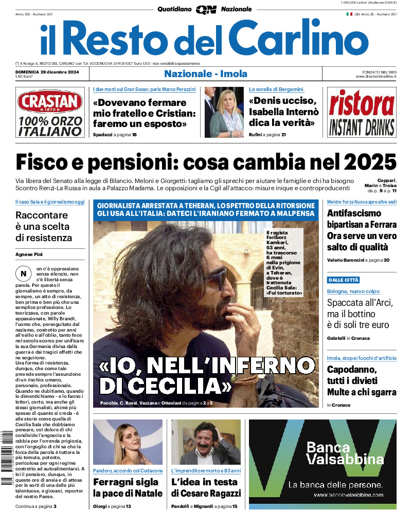 Prima-pagina-il resto del carlino-edizione-di-oggi-20241229